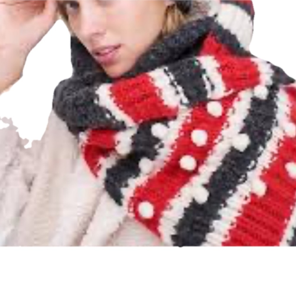J. Crew Red and Black Knit Scarf with Pom Poms striped wool blended  87”x14.5”